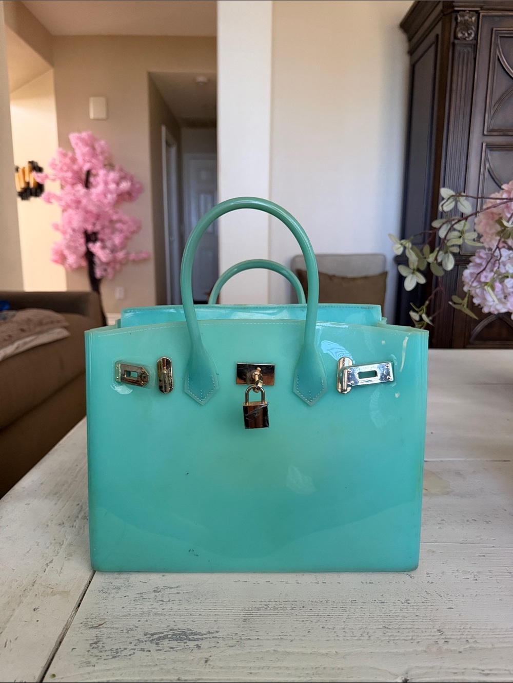 Turquoise Patent Tote Handbag - Unbranded